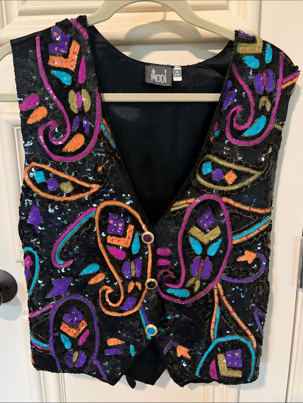 Vintage Modi Black Sequined Embroidered V-Neck Vest - Multicolor Accents